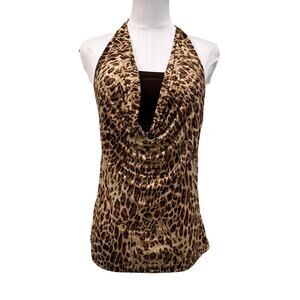 Vintage Y2K Leopard Halter Top Medium Cowl Neck Animal Print Going Out Club